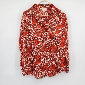 Michael Kors Red Orange Paisley Satin Effect Button Up Size Small
